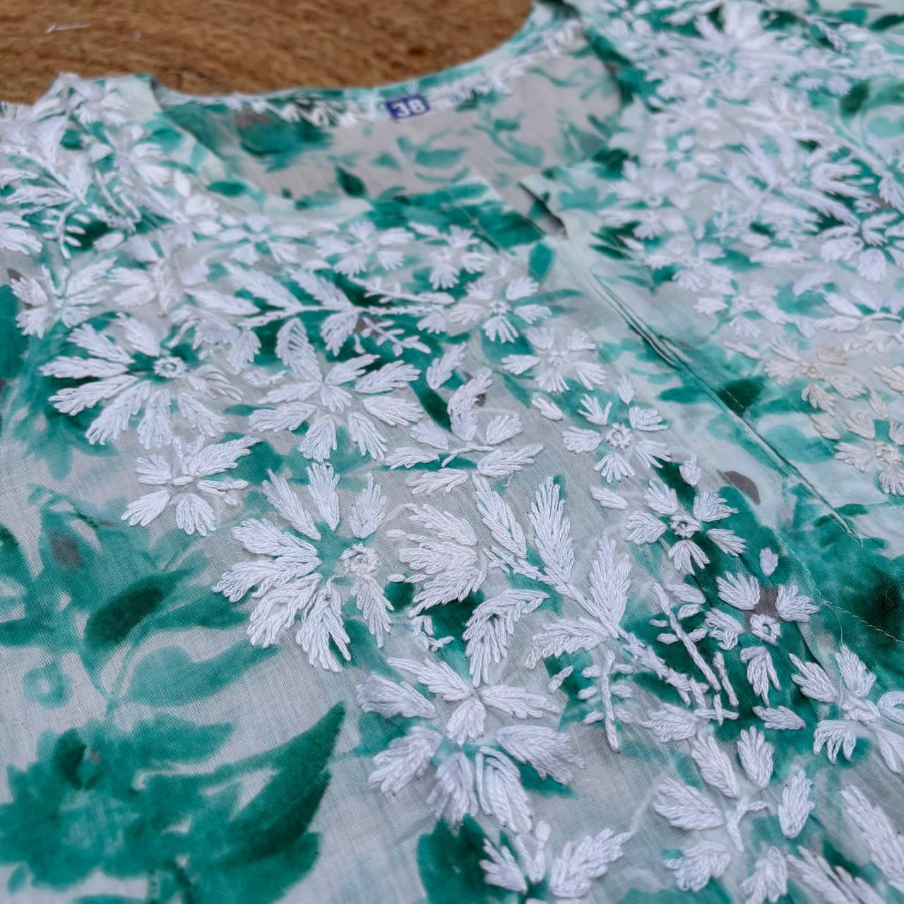 Amara Pure Mulmul Chikankari  Handwork Kurti -Sea Green Colour