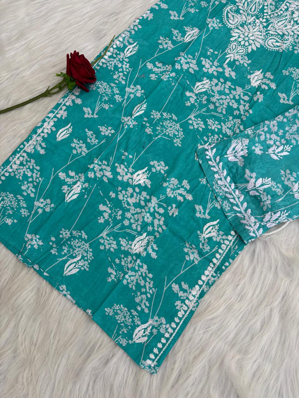 Jiya Mulmul Cotton Handwork Chikankari Kurti Set - Sea Green Colour
