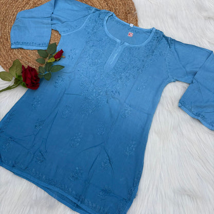 Sofia Ombre Shaded Soft Rayon Chikankari Short Kurti - Sky Blue Colour - Chikankaar