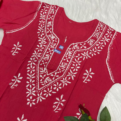 Ziya Pure Cotton Chikankari Short Top -Gazri Colour