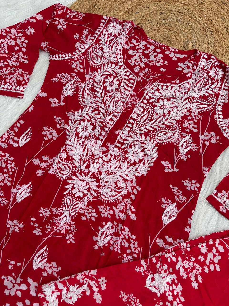 Jiya Mulmul Cotton Handwork Chikankari Kurti Set - Red Colour