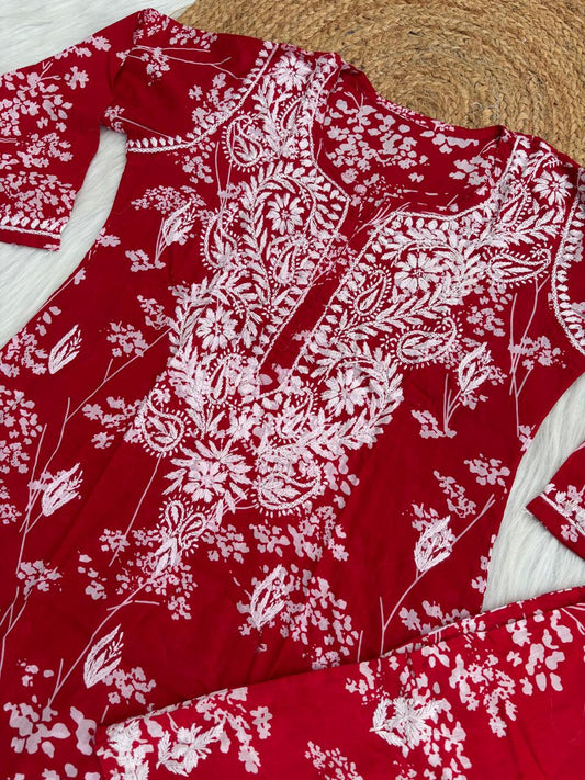 Jiya Mulmul Cotton Handwork Chikankari Kurti Set - Red Colour