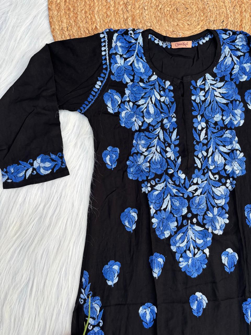 Rida Rayon Handwork Chikankari Kurti Set - Blue Colour