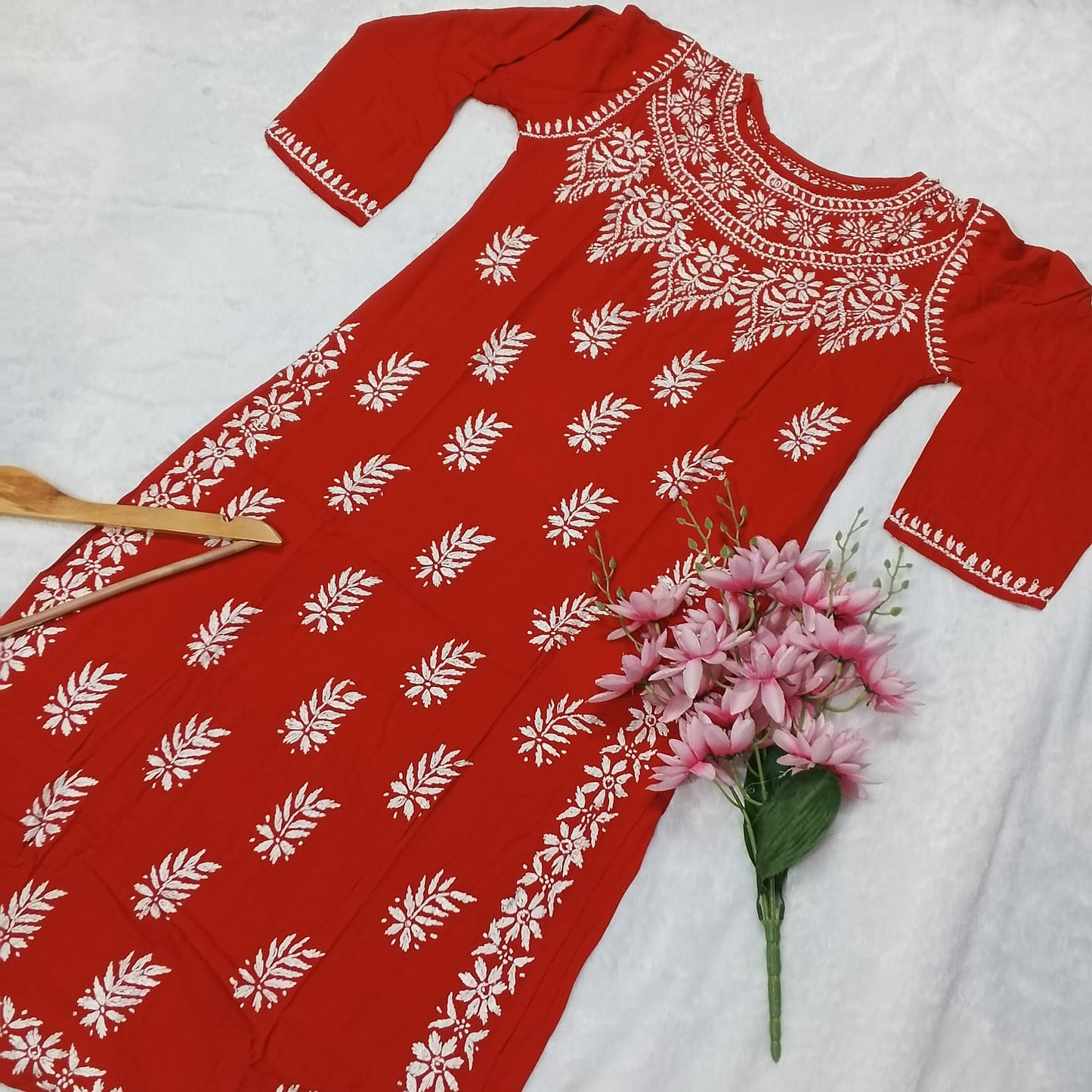 BOAT NECK RAYON CHIKANKARI KURTI -RED COLOUR