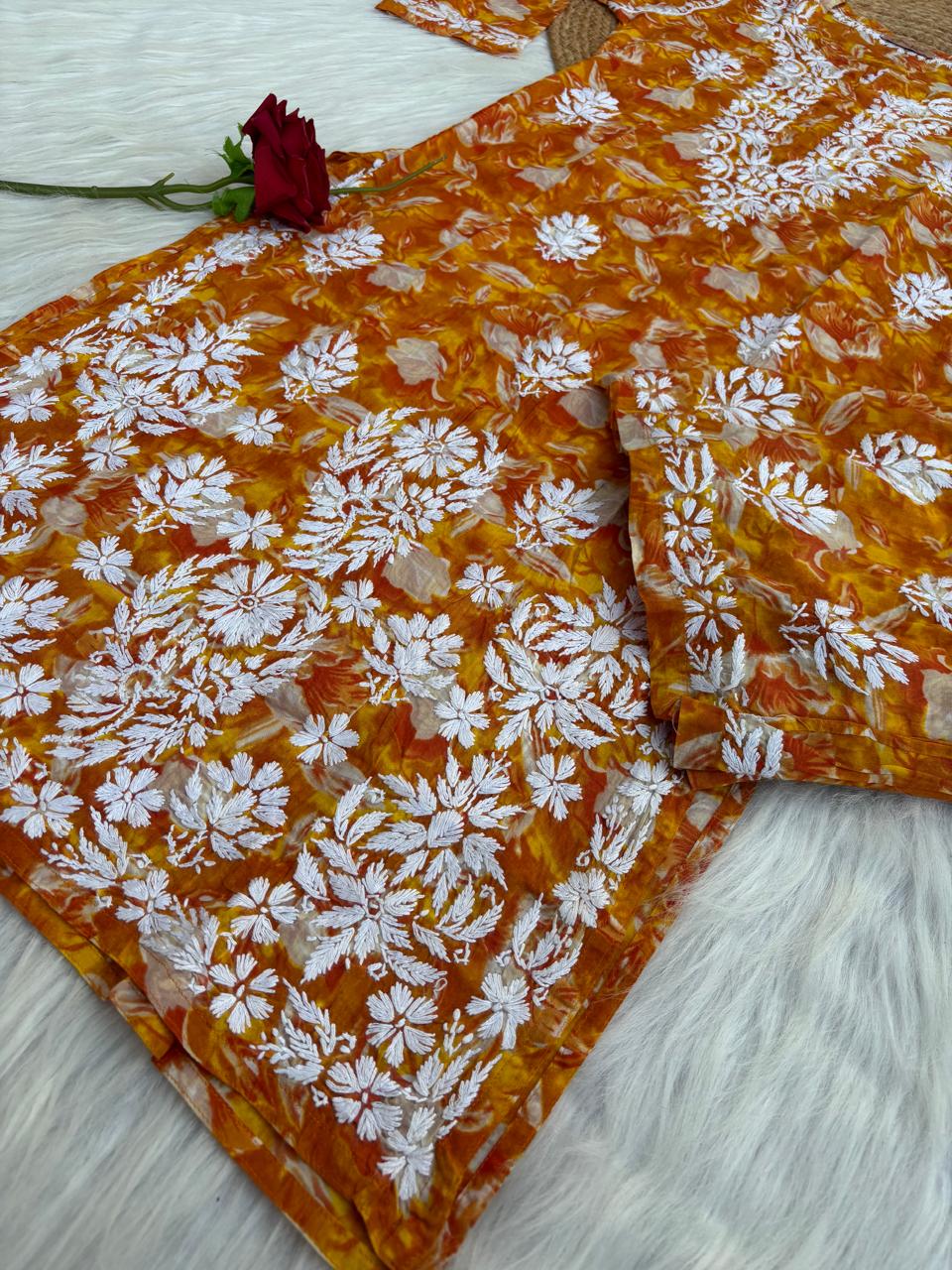 Elena Mulmul Cotton Handwork Chikankari Kurti Set - Warm Rust Colour