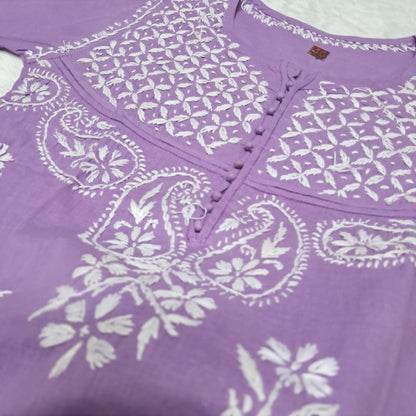 Adiva Pure Cotton Chikankari Handwork Kurti - Purple Colour