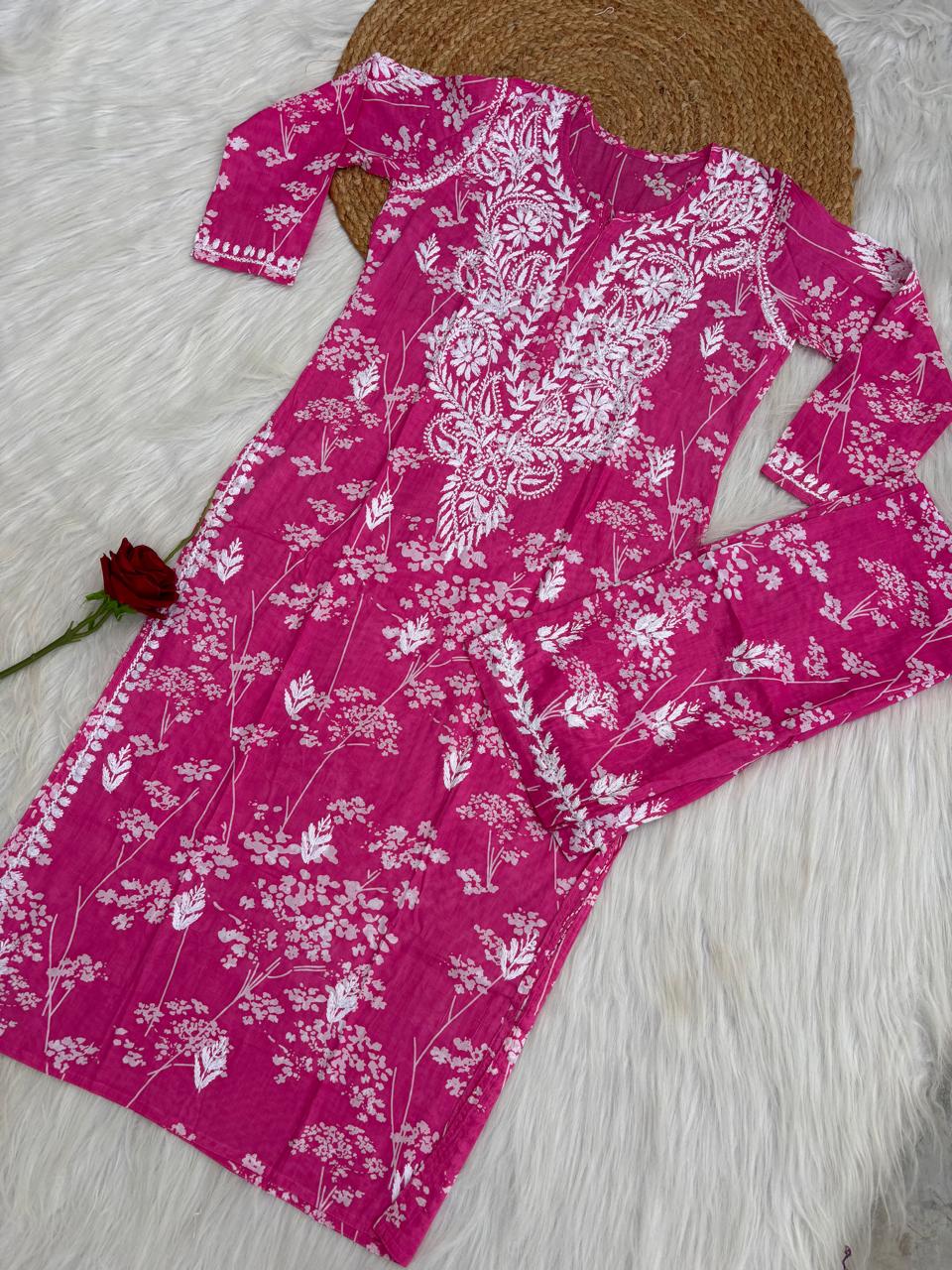 Jiya Mulmul Cotton Handwork Chikankari Kurti Set - Pink Colour