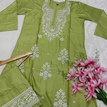 Rayon Chikankari Machine Work  Kurti Plazo Set- Parrot Green Colour