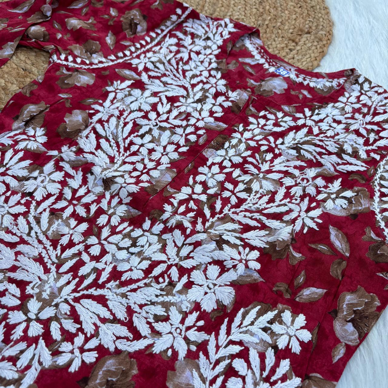 Sana Pure Mulmul Chikankari  Handwork Kurti - Red Colour