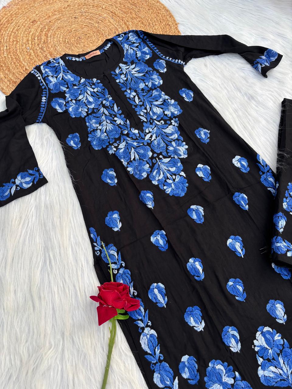 Rida Rayon Handwork Chikankari Kurti Set - Blue Colour