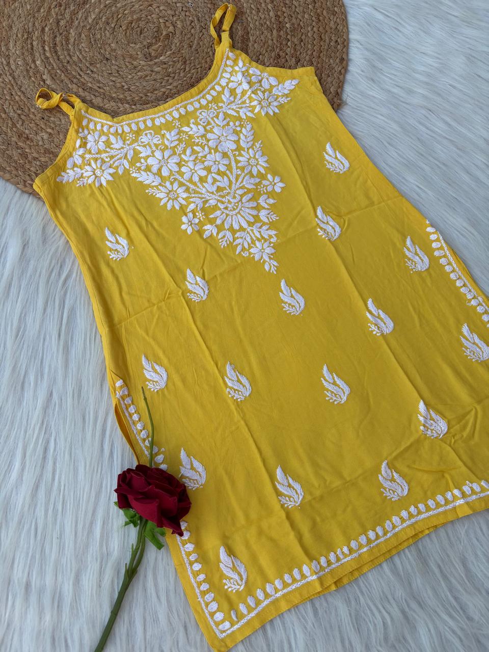 Ayla Rayon Handwork Chikankari Noodle Strap Short Kurti - Yellow colour
