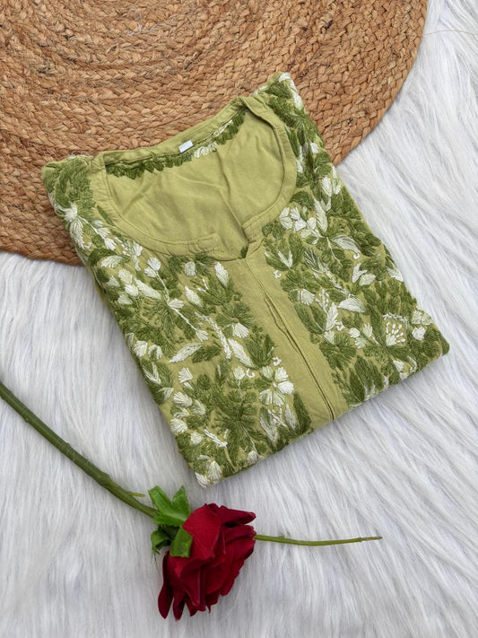 Roohi Rayon Tone To Tone Lucknowi Handwork Chikankari Kurti - Green Color