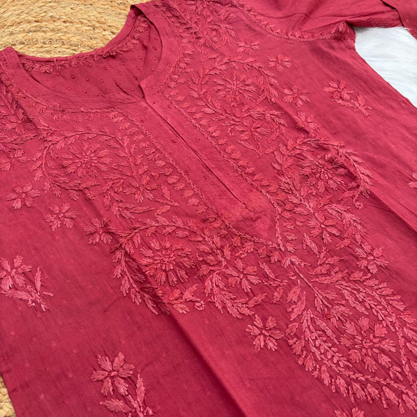 Tuba Ombre Shaded Dobby Cotton Chikankari Kurti - Brick Red Colour