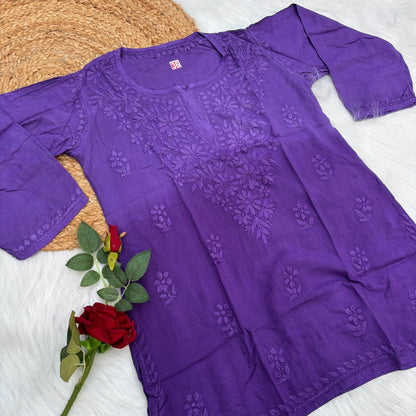 Sofia Ombre Shaded Soft Rayon Chikankari Short Kurti - Purple Colour - Chikankaar