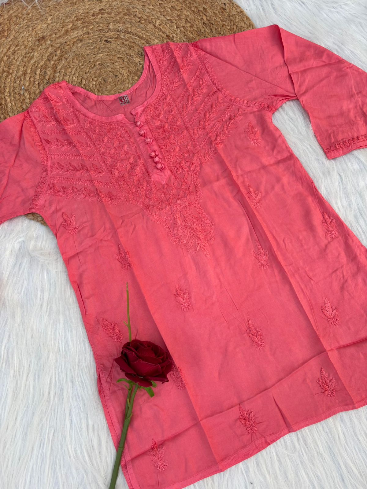 Zimal Dyeable Soft Rayon Chikankari Short Kurti - Dark Pink Colour