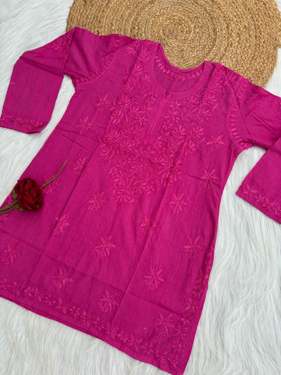 Ziva Soft Dobby Cotton Lucknowi Handwork Chikankari Short Kurti - Rani Colour
