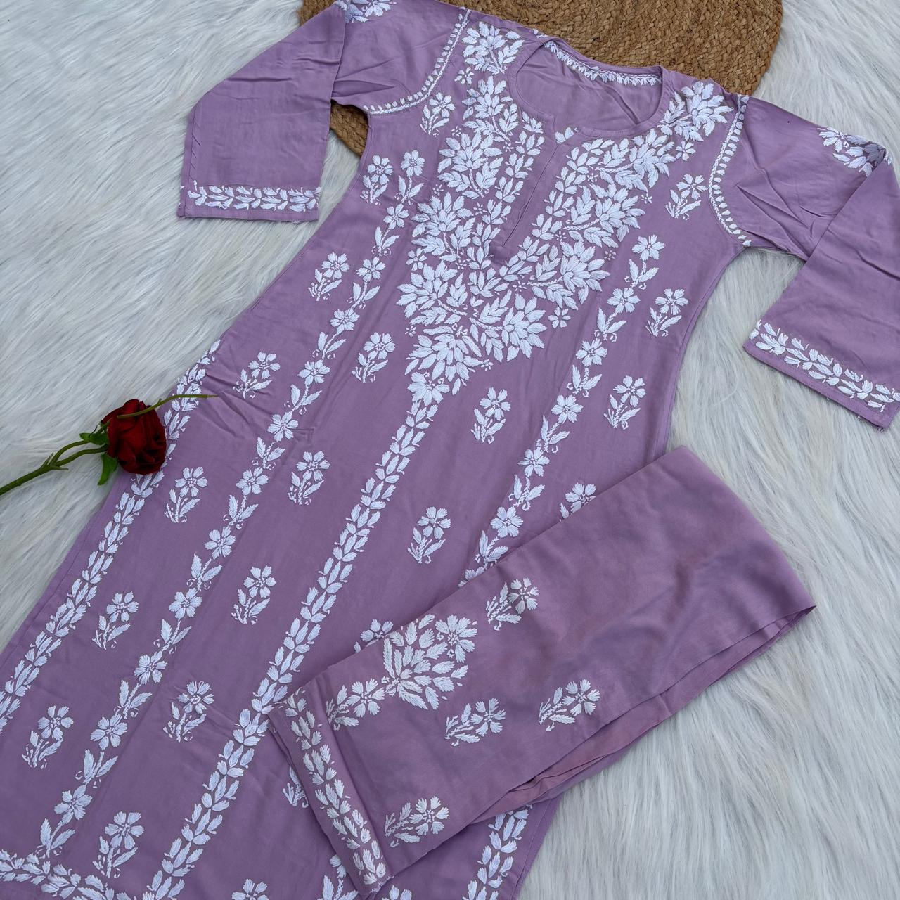 Samara Rayon Handwork Chikankari Kurti Plazo Set - Mauve Colour