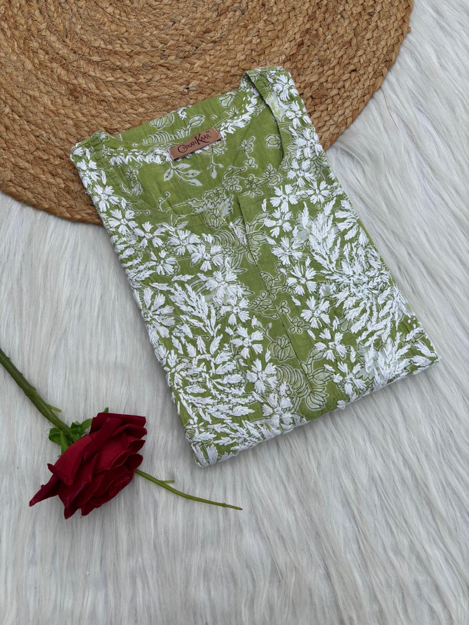 Sameera Pure Mulmul Chikankari Handwork Kurti - Green Colour