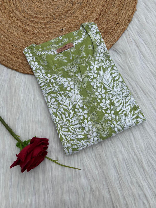 Sameera Pure Mulmul Chikankari Handwork Kurti - Green Colour