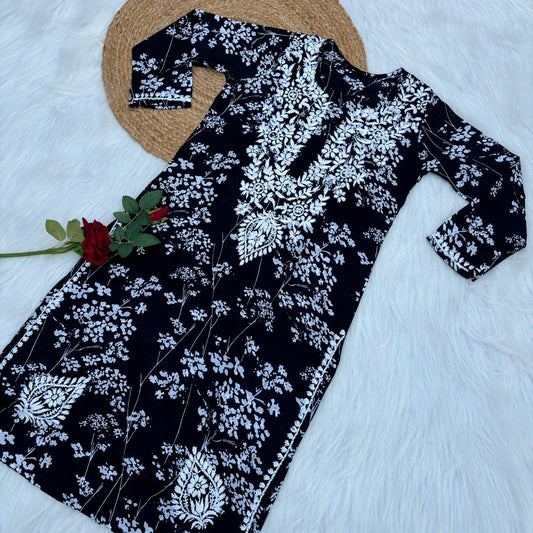 Mahira Sharma Inspired Pure Mulmul Printed Chikankari Handwork Kurti - Black Colour