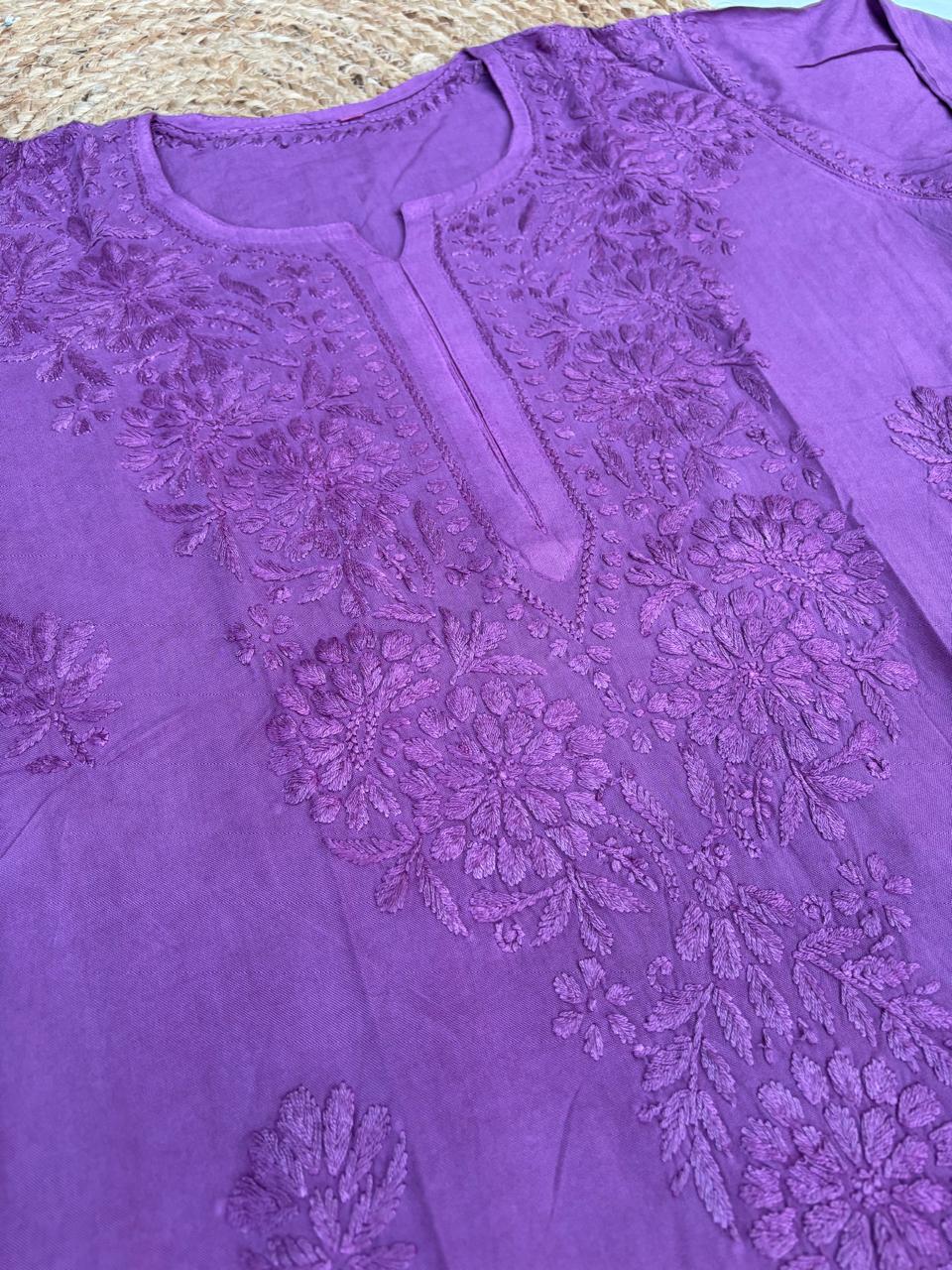Rabab Dyeable Soft Rayon Handwork Chikankari Kurti - Wine Colour