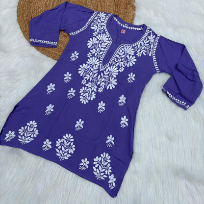 Ina Soft Rayon Chikankari Short Kurti - Purple Colour - Chikankaar