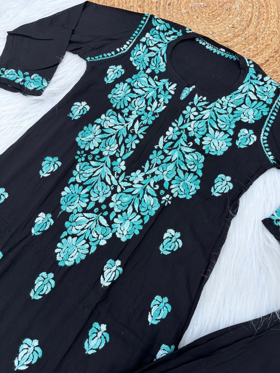 Rida Rayon Handwork Chikankari Kurti Set- Sea Green Colour