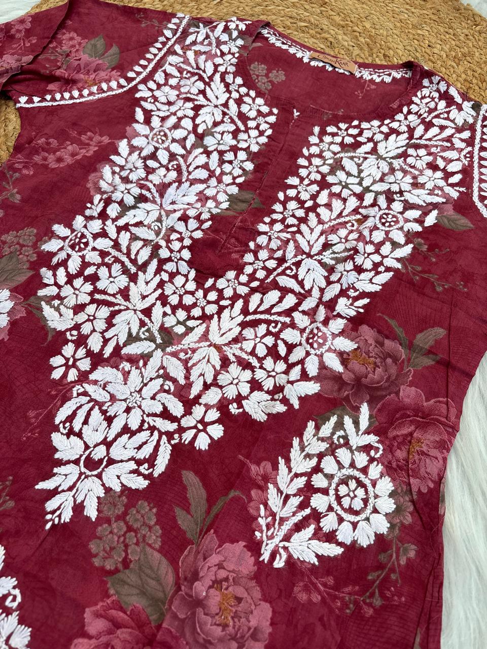 Zaina Pure Mulmul Chikankari Handwork Kurti - Red Colour