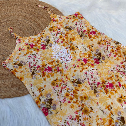 Hana Mulmul Chikankari Noodle Strap Short Kurti -Yellow colour (Length - 38")