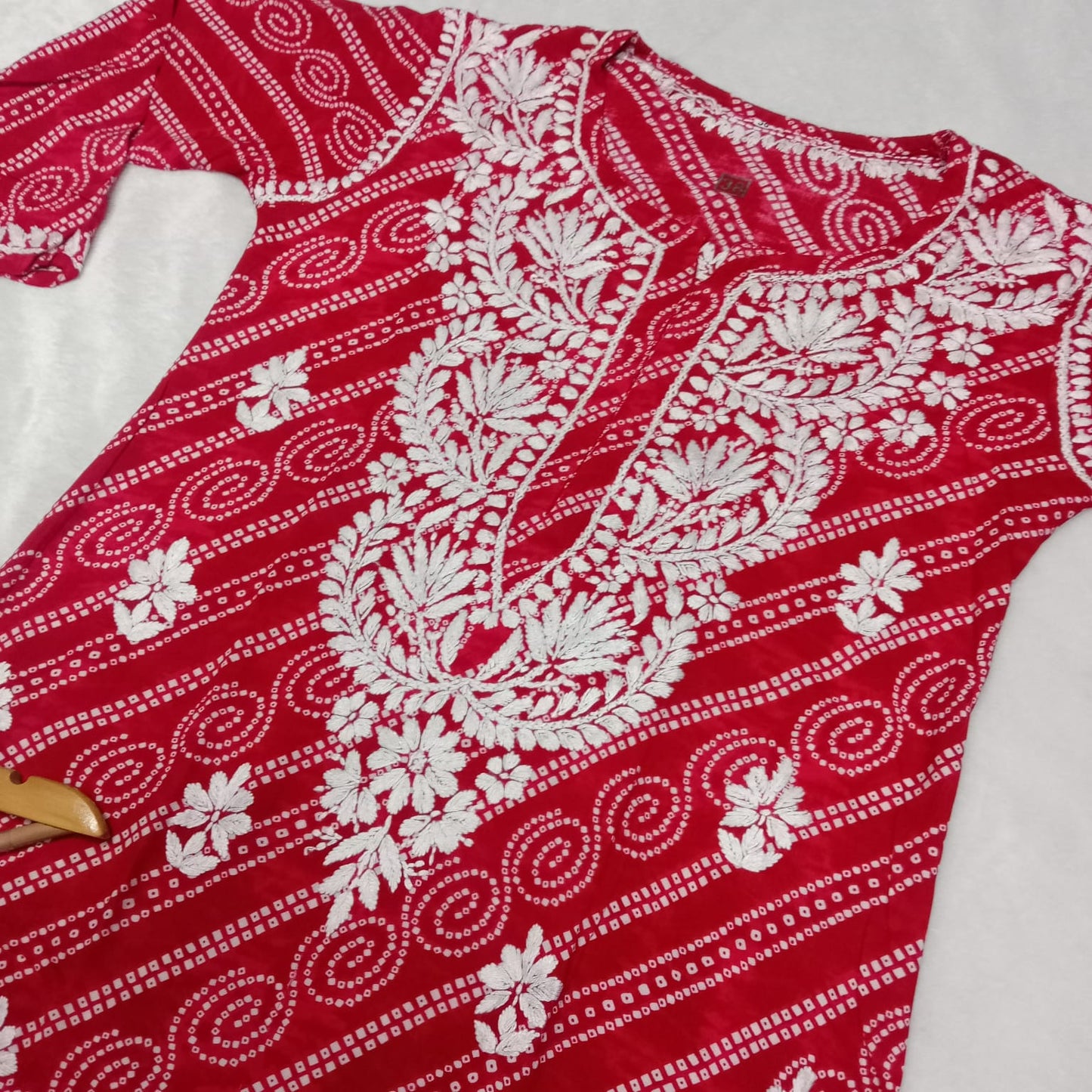 Falak Bandhani Print Rayon Chikankari Kurti -Red Colour