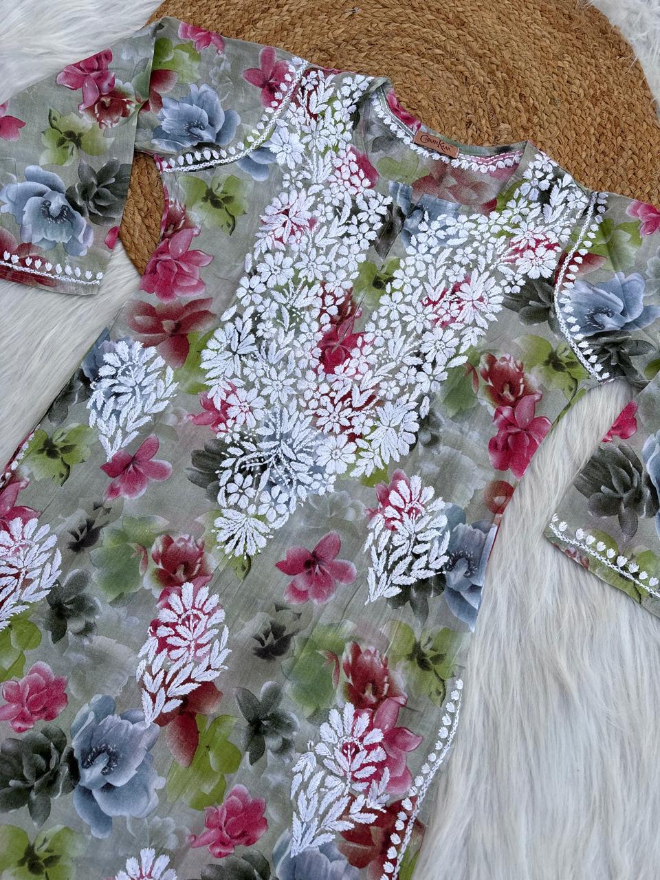 Najma Pure Mulmul Chikankari Handwork Kurti - Parrot Green Colour