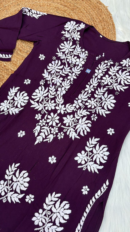 Jannat Soft Rayon Chikankari Kurti Plazo Set -Wine colour - Chikankaar