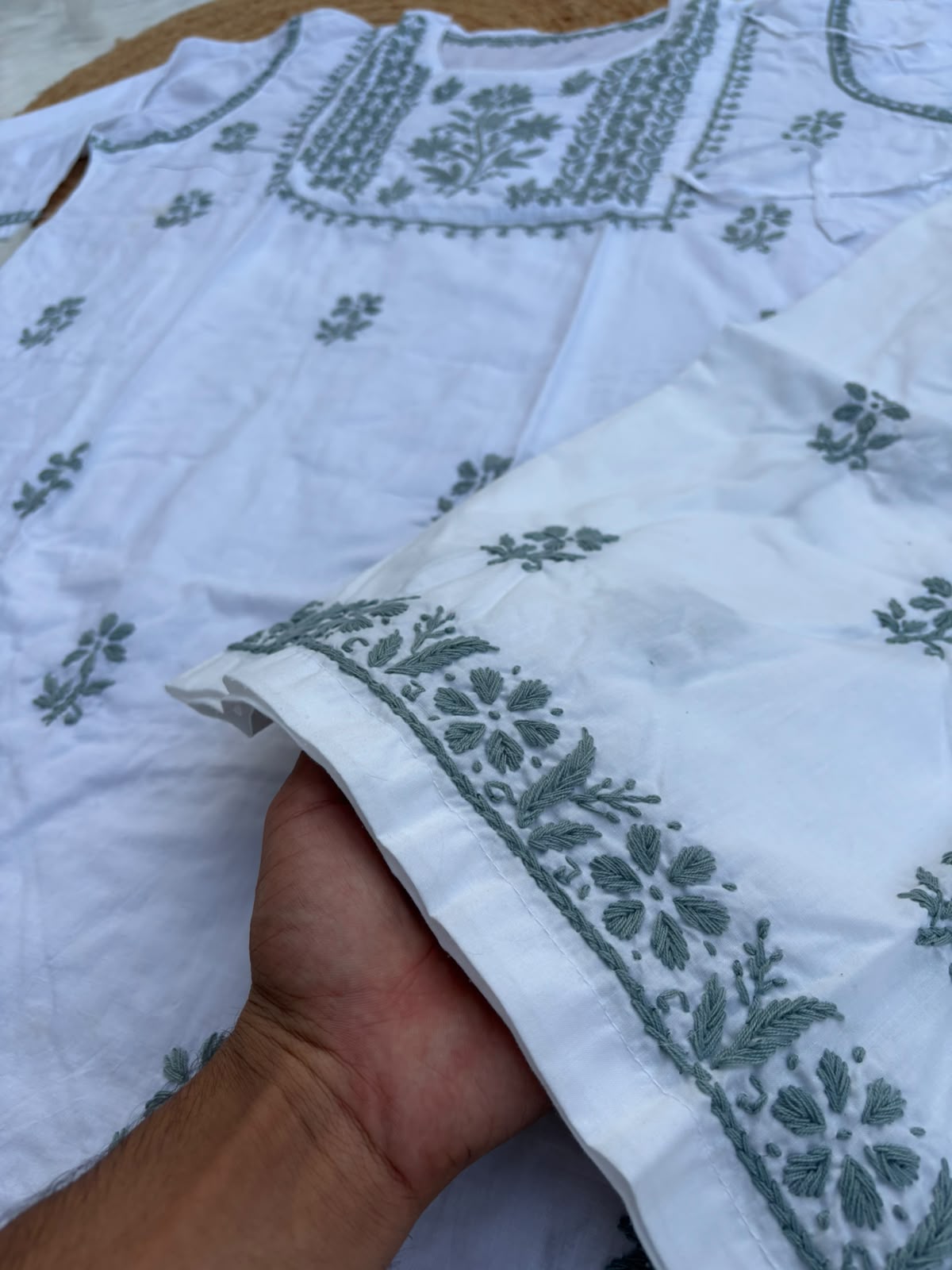 Heer Plus Size Cotton Handwork Chikankari Kurti Set - White Grey