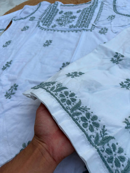 Heer Plus Size Cotton Handwork Chikankari Kurti Set - White Grey