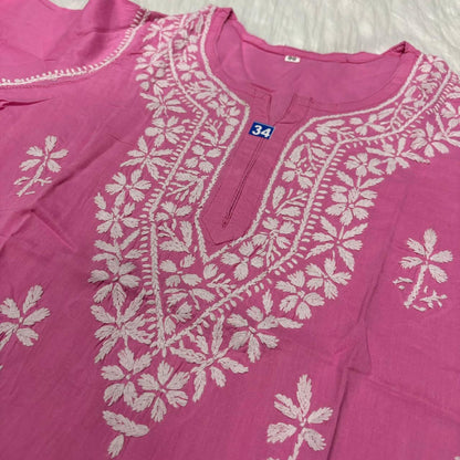 Ziya Pure Cotton Chikankari Short Top- Pink Colour