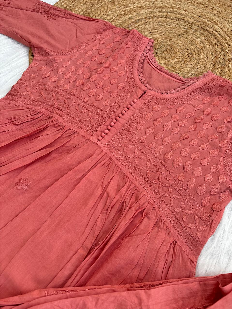 Laila Dobby Cotton Frock Style Short Kurti with Afghani Pant - Peach Color