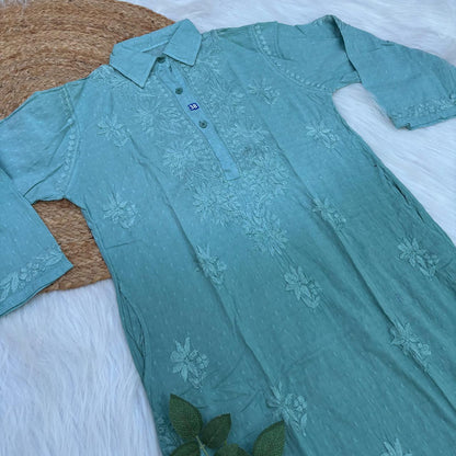 Sadia Dobby Cotton Ombre Shaded Chikankari Kurti with Collar - Rama Green Colour