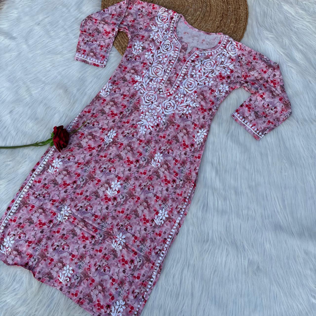 Hina Rayon Rose work Lucknowi Chikankari kurti - Blush Colour