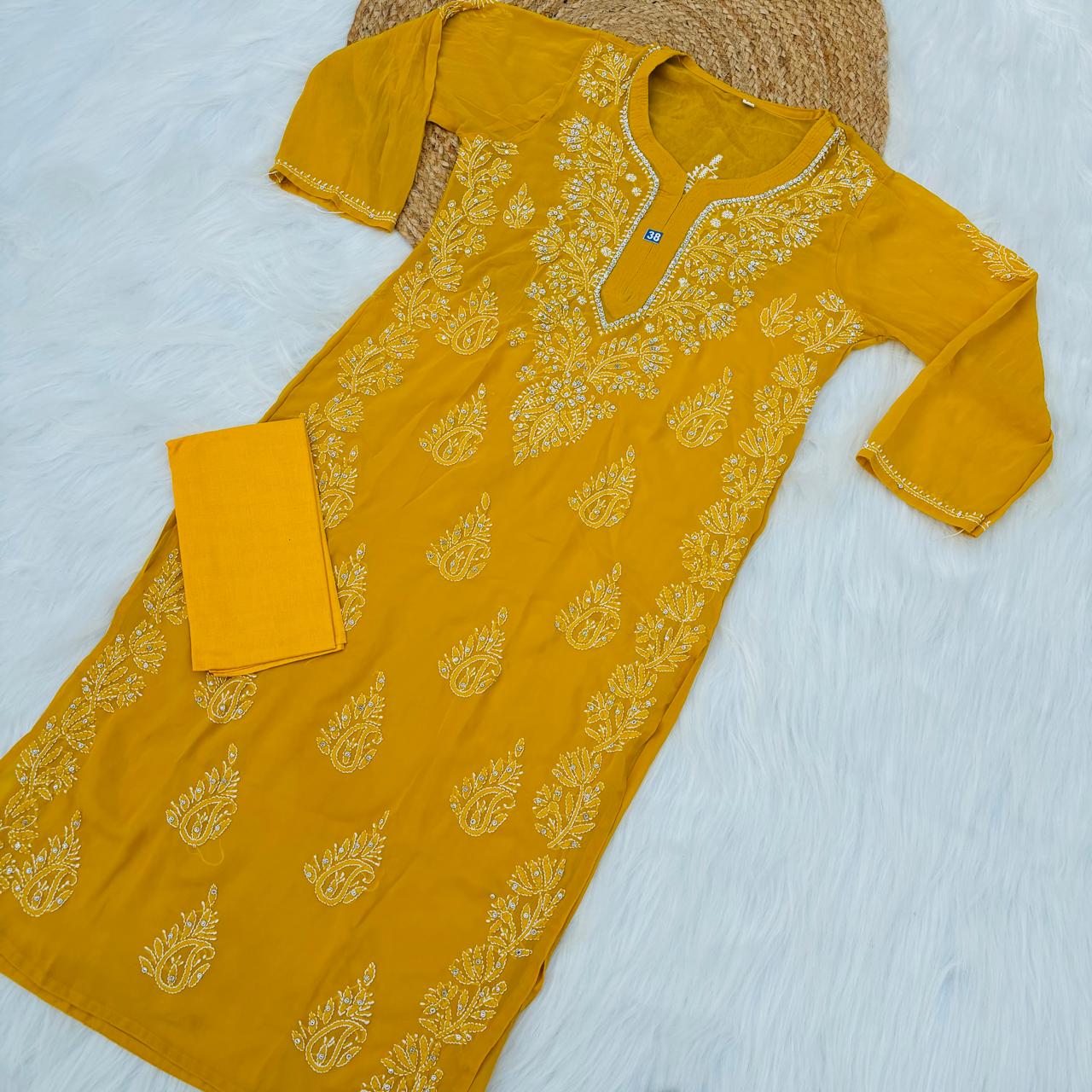 Stone Work Georgette Chikankari Kurti -Mustard Colour