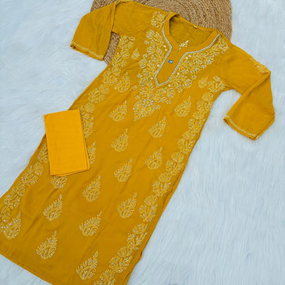 Stone Work Georgette Chikankari Kurti -Mustard Colour - Chikankaar