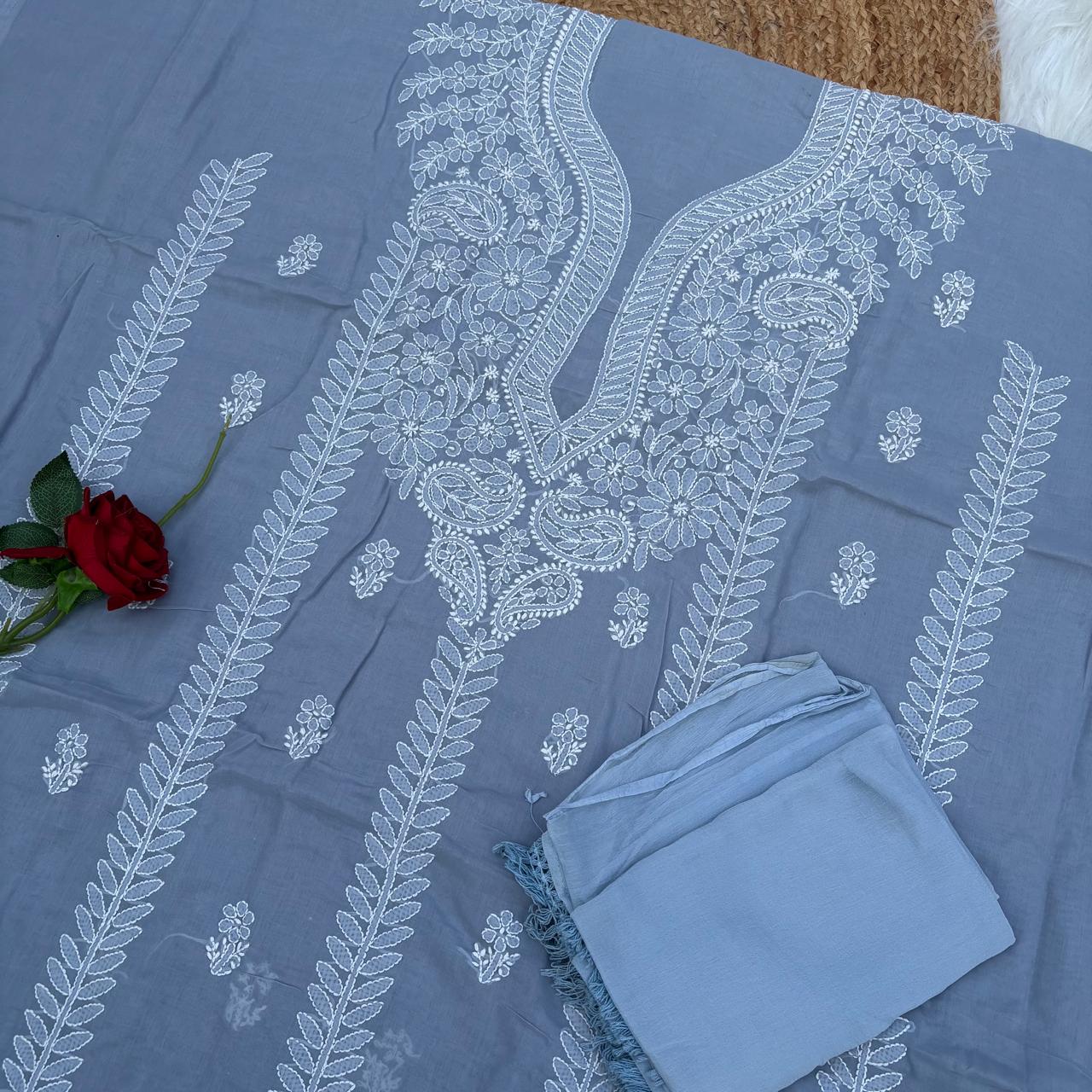 Madhuri Voile Cotton Chikankari Unstitched 3 pc set - Grey Colour