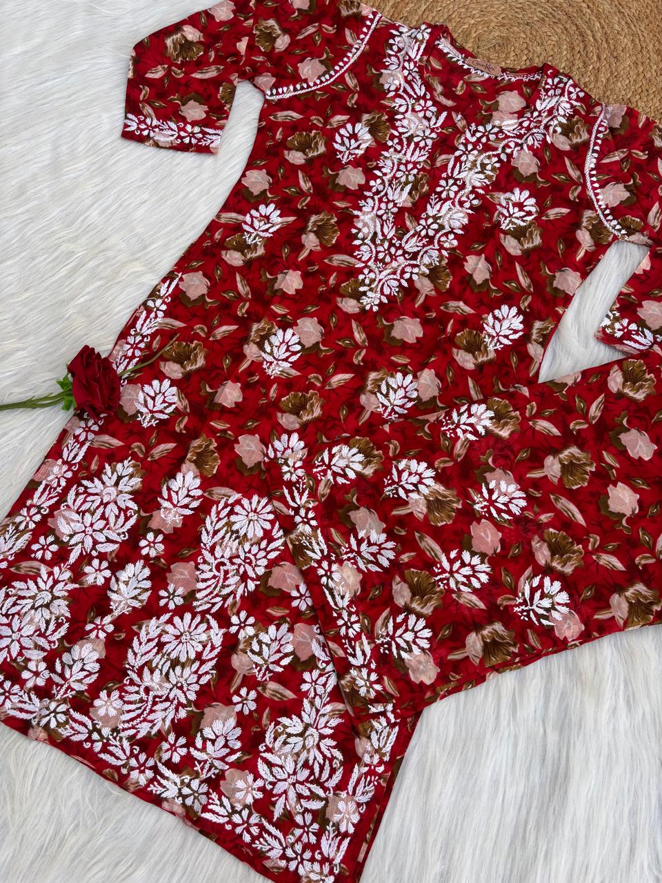 Elena Mulmul Cotton Handwork Chikankari Kurti Set - Cherry Colour