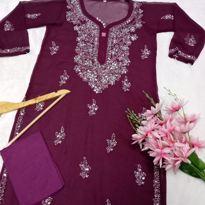 Georgette Mirror Work Chikankari Kurti With Inner -Wine Colour