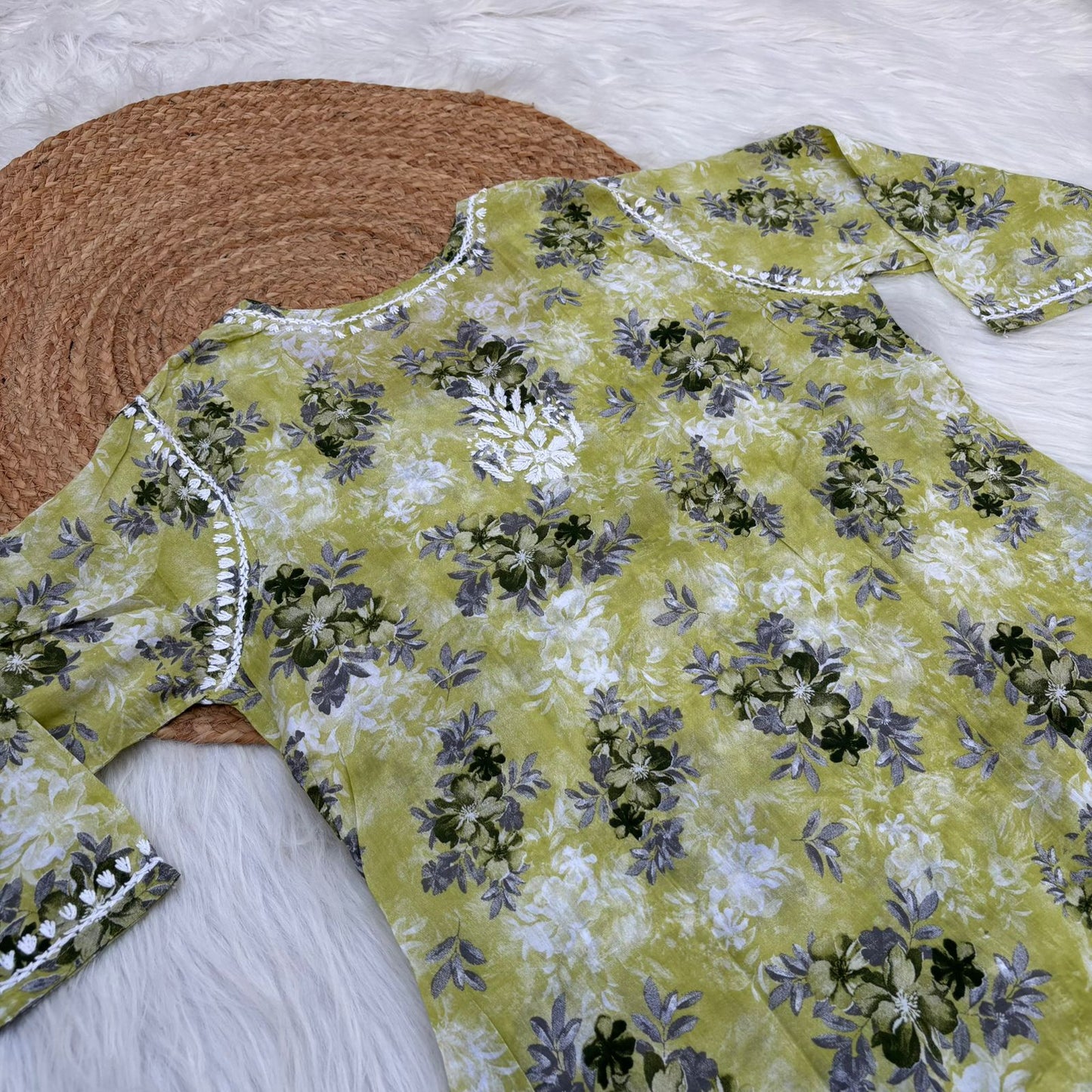 Fawziya Pure Mulmul Chikankari  Handwork Kurti - Pista Green Colour