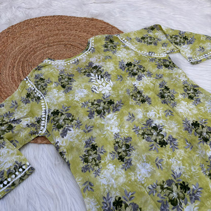 Fawziya Pure Mulmul Chikankari  Handwork Kurti - Pista Green Colour