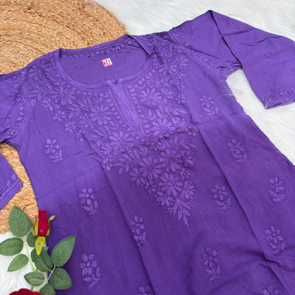 Sofia Ombre Shaded Soft Rayon Chikankari Short Kurti - Purple Colour - Chikankaar
