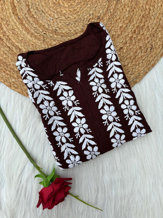 Zoobia Soft Rayon Handwork Chikankari Kurti - Brown Colour