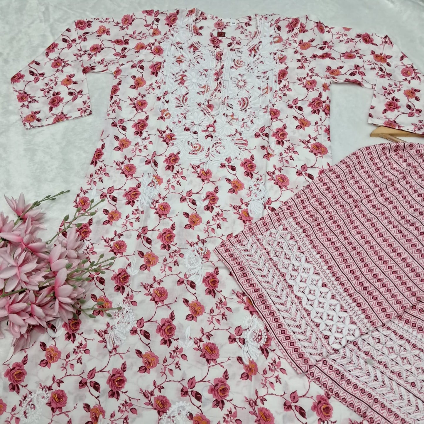 Printed Cotton Chikankari Machine Work Kurti Plazo Set - Red Colour ( Free Earrings)