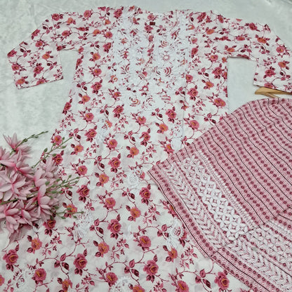 Printed Cotton Chikankari Machine Work Kurti Plazo Set - Red Colour ( Free Earrings)