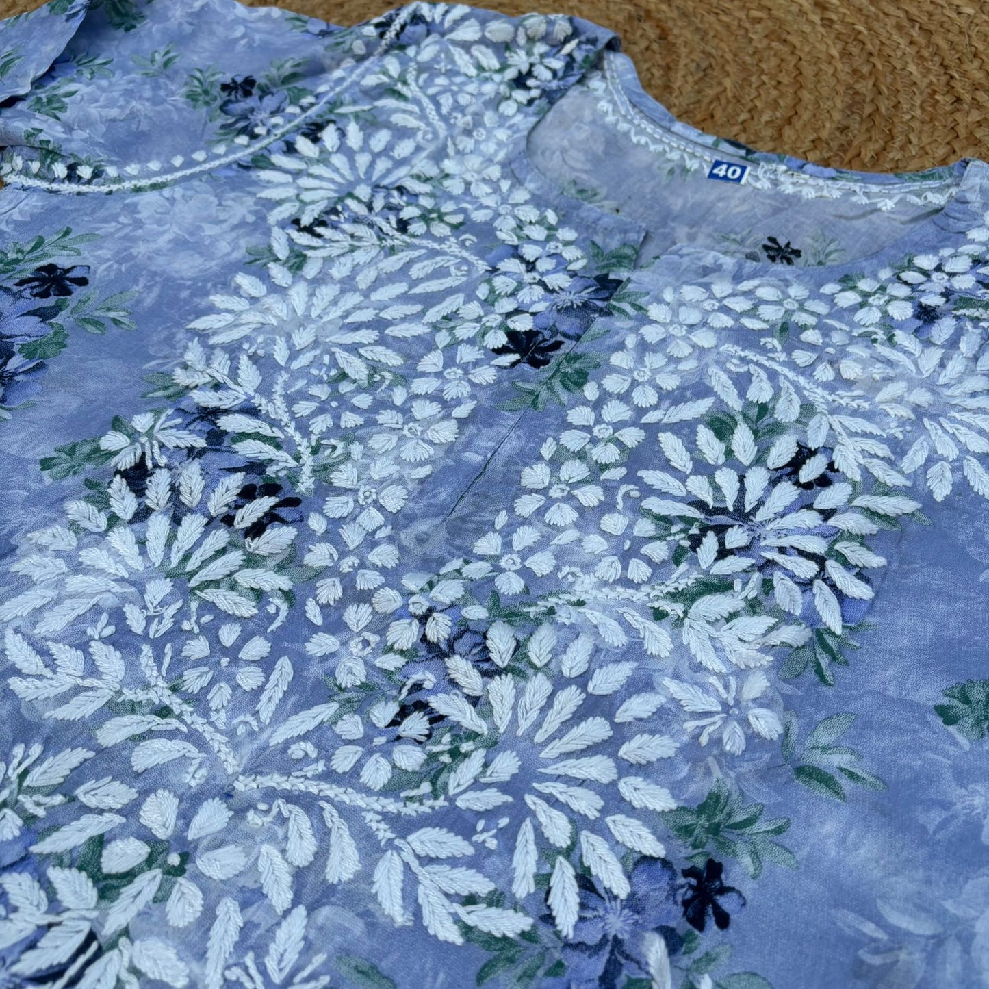 Fawziya Pure Mulmul Chikankari  Handwork Kurti - Blue Colour
